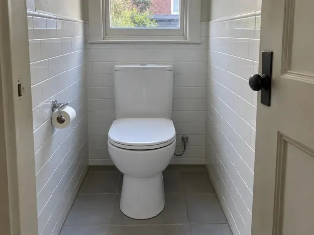 Clean white toilet in a tiled bathroom with window and tiled walls in Double Bay