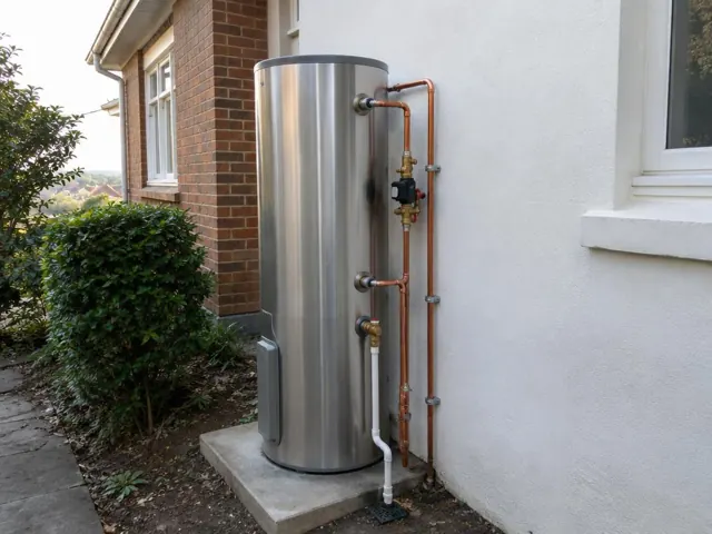 Outdoor stainless hot water cylinder with copper and PVC pipework beside a brick and rendered house in Bellevue Hill